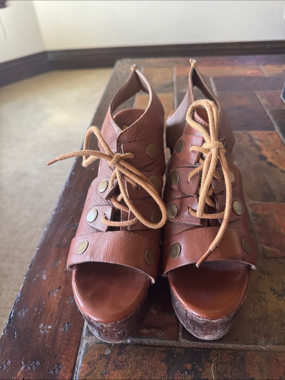Free People Brown Lace-Up Studded Wedge Sandals
